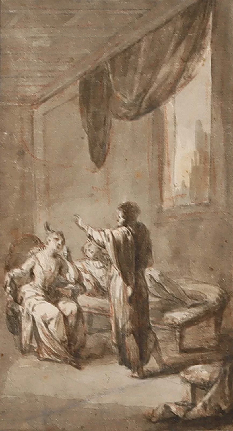 Interno con monaco in piedi e due dame